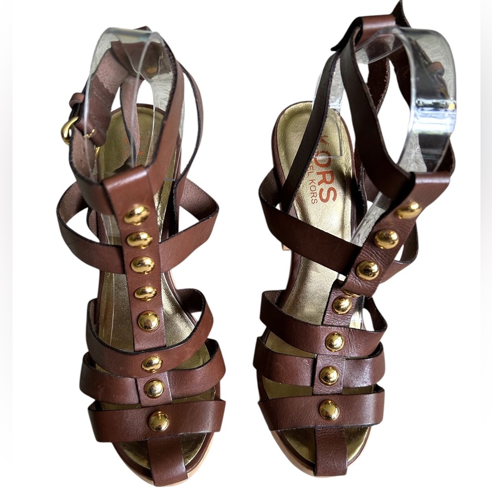Michael Kors Wooden Heels Brown Gold Studded Gladiator Sandals platform Boho - Picture 3 of 8